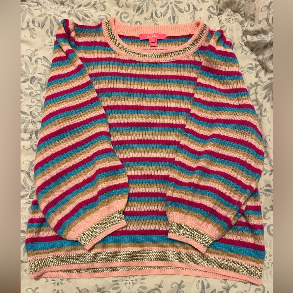 Lilly Pulitzer Multicolor Striped Sweater XL Metallic Trim Puff Sleeve